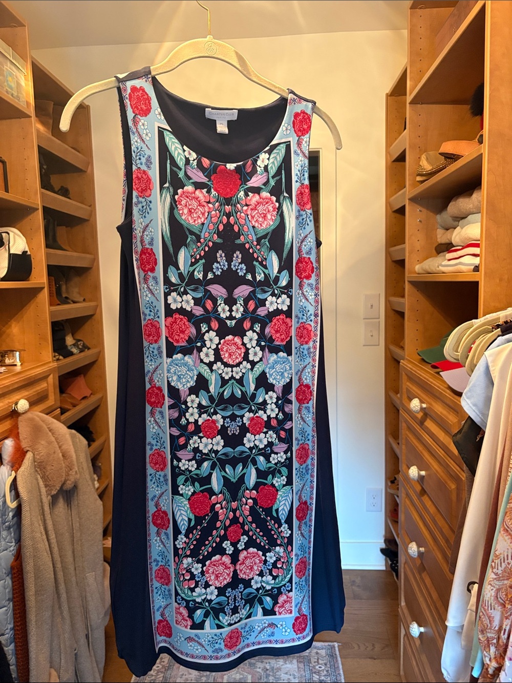Sleeveless Navy Floral Border Print Midi Dress